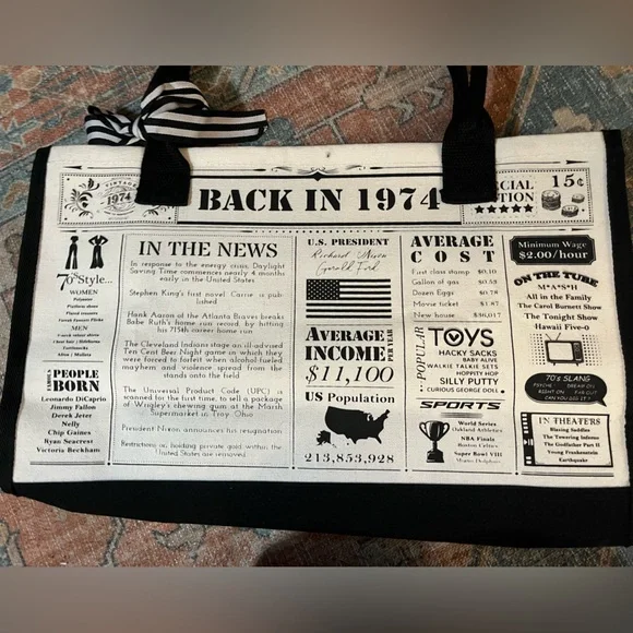 NWT “1974 Vintage, Back in 1974” Large Canvas Tote Bag Black & White Bow Detail - Picture 3 of 13